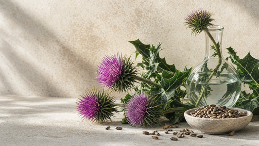 Milk thistle flowers and seeds arranged with scientific glassware
