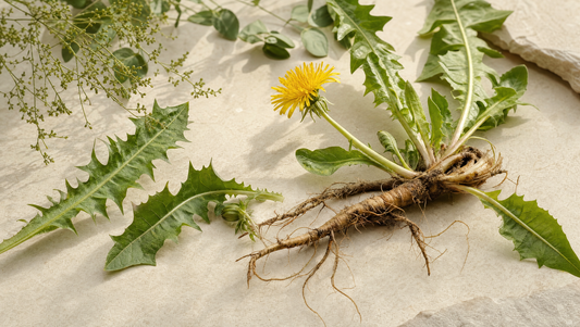 Dandelion flower, leaves and root arranged on warm stone