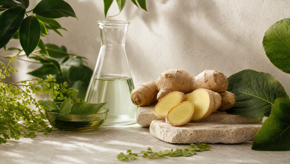 Fresh sliced ginger root arranged with botanical leaves and glassware