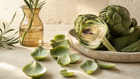 Fresh artichoke leaves and cut artichoke in a botanical still life