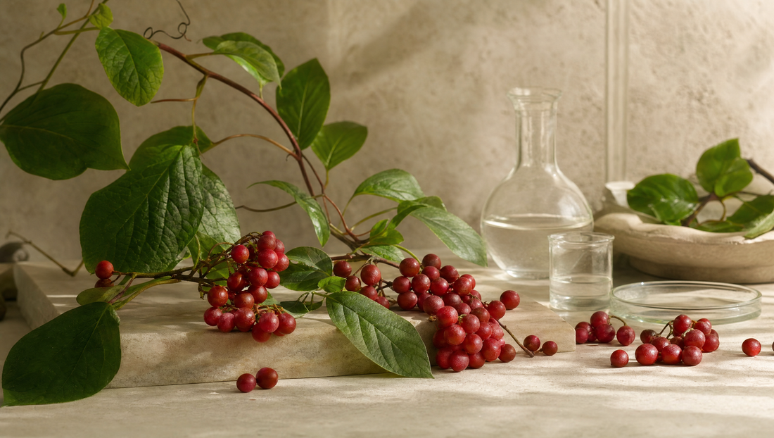 Schisandra berries and leaves arranged with scientific glassware
