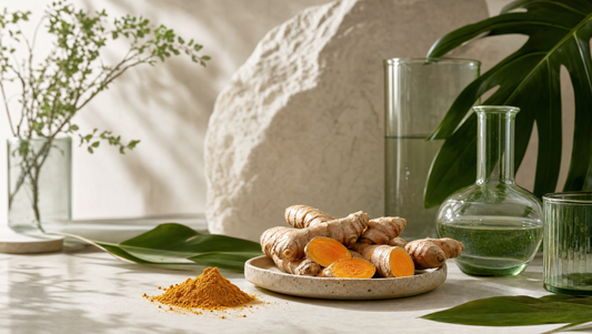 Turmeric root and curcumin powder with scientific glassware