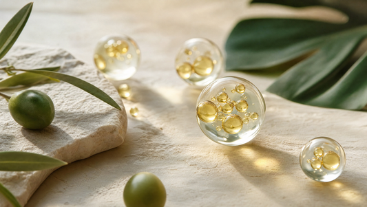 Glass spheres with golden droplets representing nutrient transport