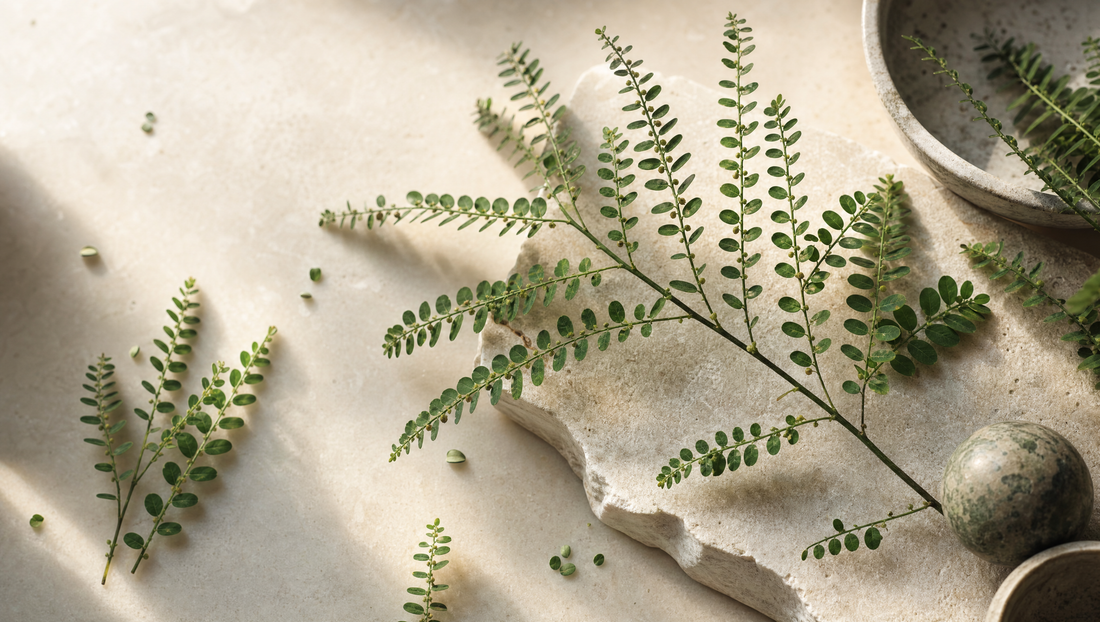 Chanca piedra stems and small leaves arranged as a botanical specimen
