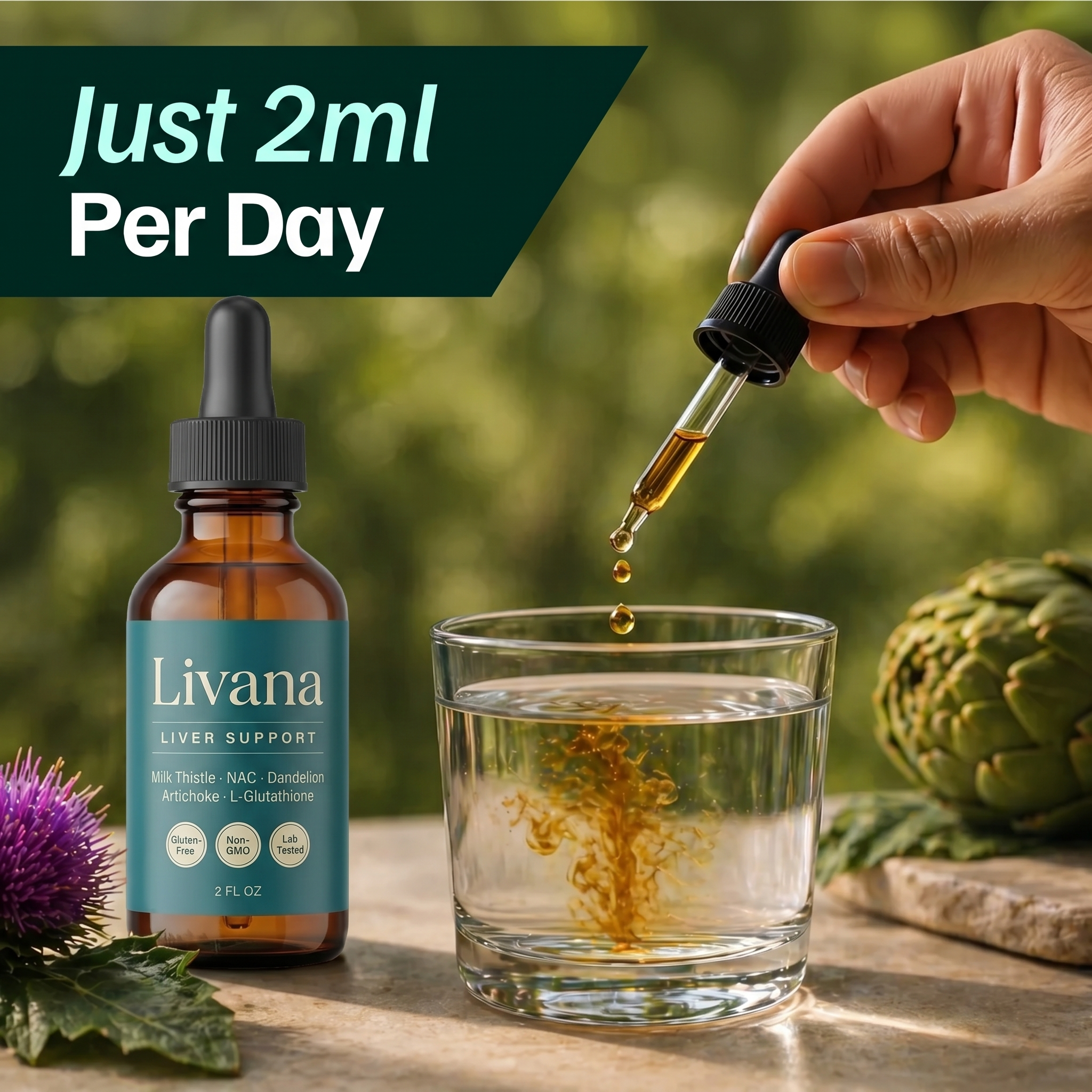 Livana Liver Support just 2 mL per day added to a glass of water