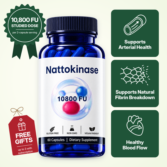 Livana Nattokinase — Deep cobalt bottle with 10,800 FU studied dose per 2-capsule serving; supports arterial health, natural fibrin breakdown and healthy blood flow; free gifts, up to 3 with subscription.
