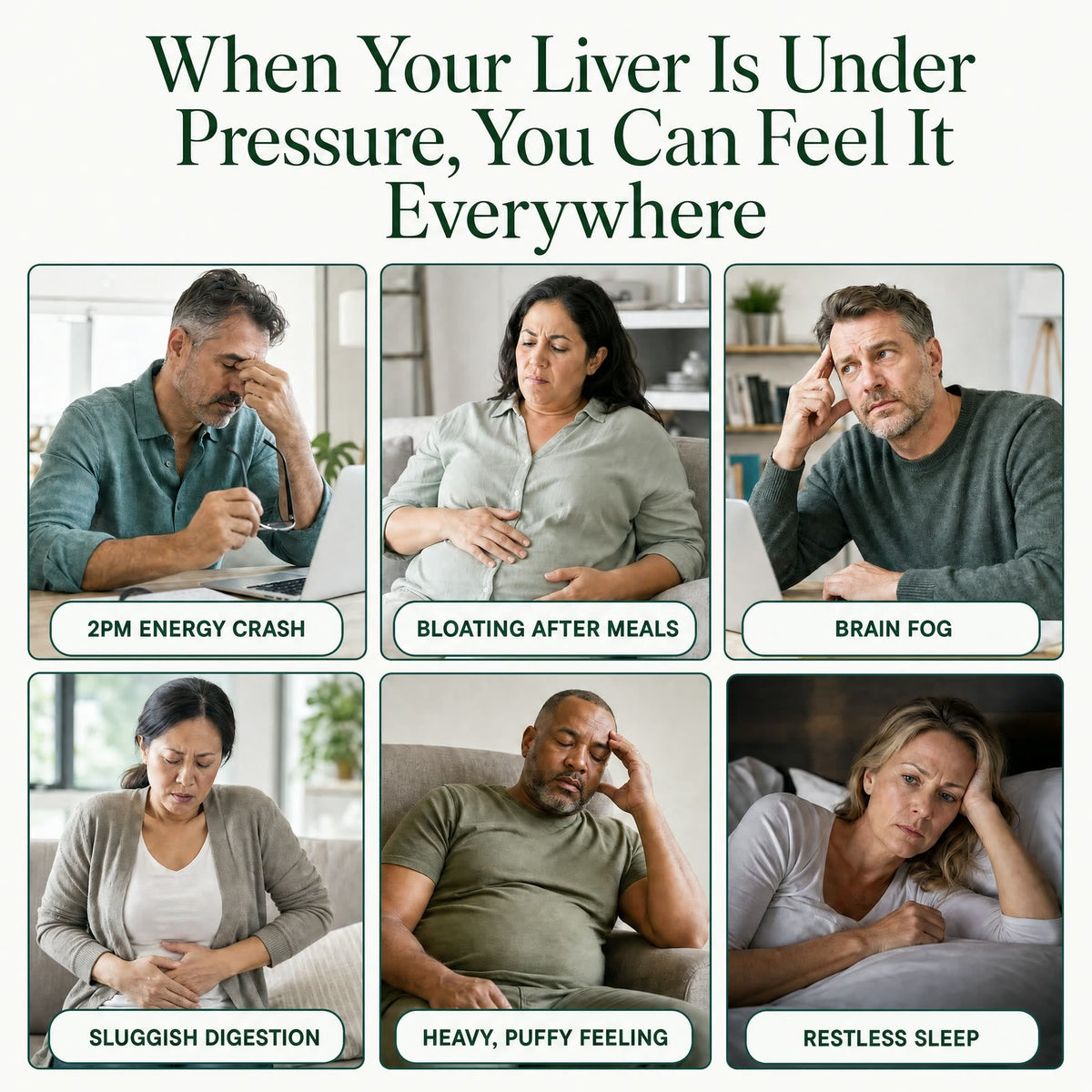 Common signs of liver pressure including fatigue, bloating and brain fog