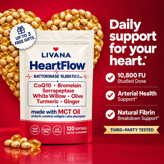 Livana HeartFlow Nattokinase pouch, 10,800 FU per serving, in front of a heart made of natto soybeans and golden softgels. Daily support for your heart; up to 3 free gifts; third-party tested.
