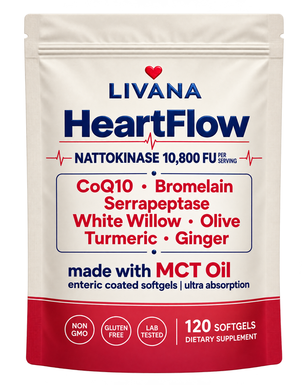 Livana HeartFlow Nattokinase pouch, 10,800 FU per serving, 120 softgels.