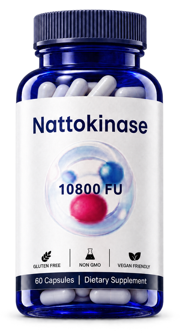 Livana Nattokinase blue bottle with a white label: 10,800 FU, heart and circulation, 60 capsules