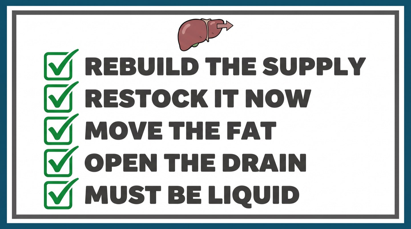 Ticked checklist of the five jobs: rebuild the supply, restock it now, move the fat, open the drain, must be liquid