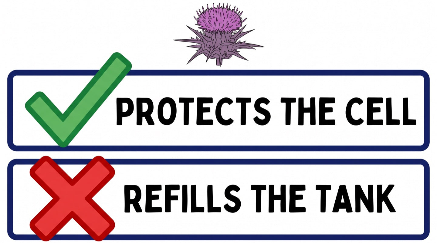 Two-row checklist under a milk thistle flower: a green tick beside protects the cell, a red cross beside refills the tank