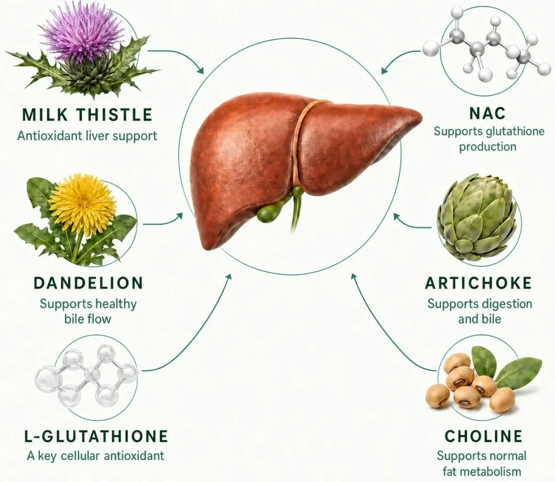 Diagram showing milk thistle, dandelion, L-glutathione, NAC, artichoke and choline each supporting the liver