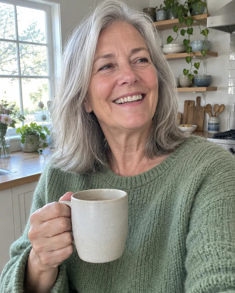 Woman with silver hair laughing while holding a mug in her kitchen