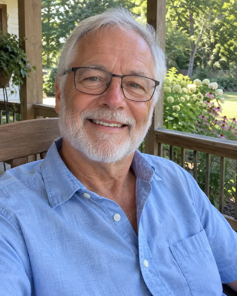 Man with a white beard and glasses smiling on his porch