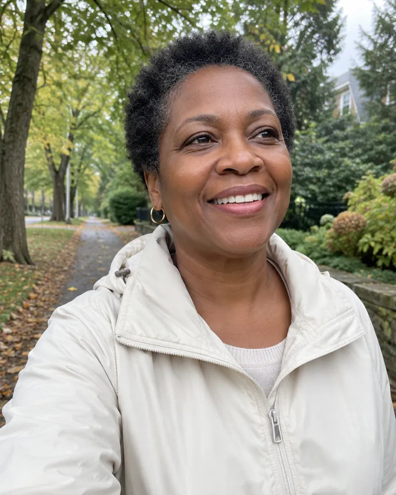 Woman smiling on a tree-lined path