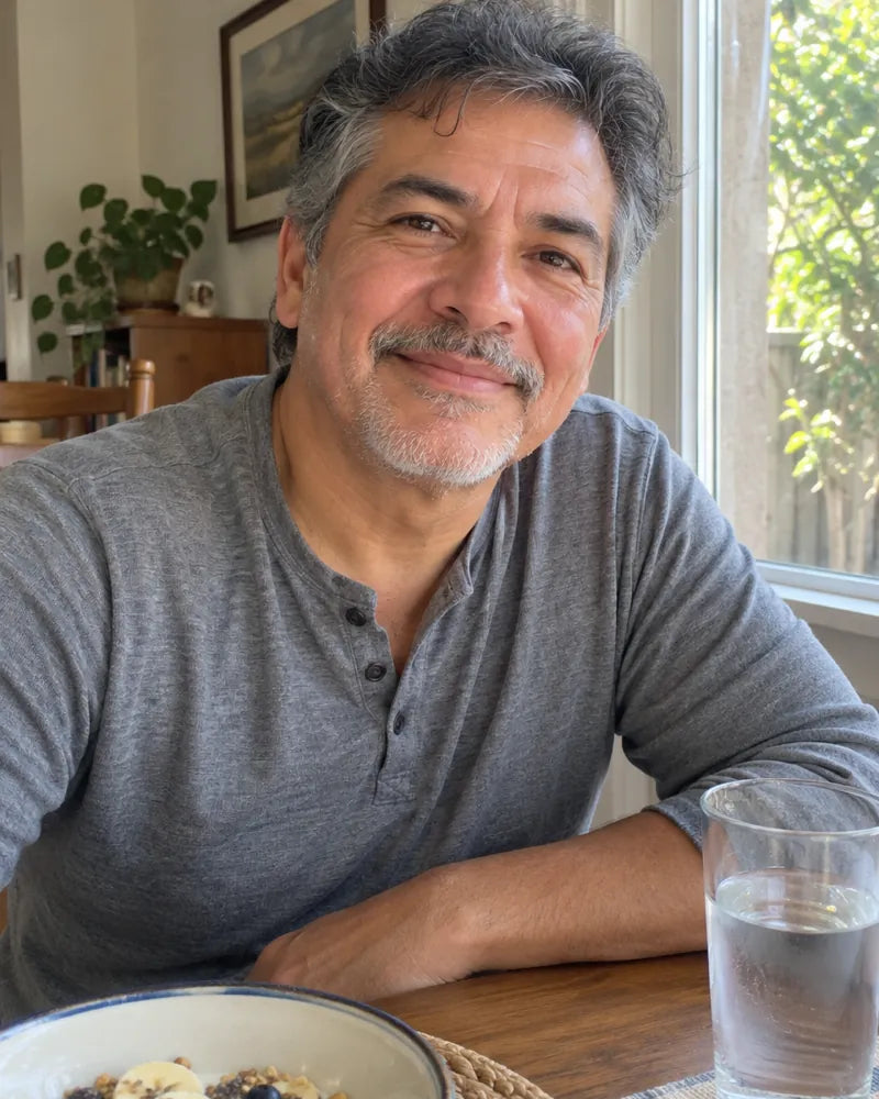 Man smiling at a breakfast table by a window