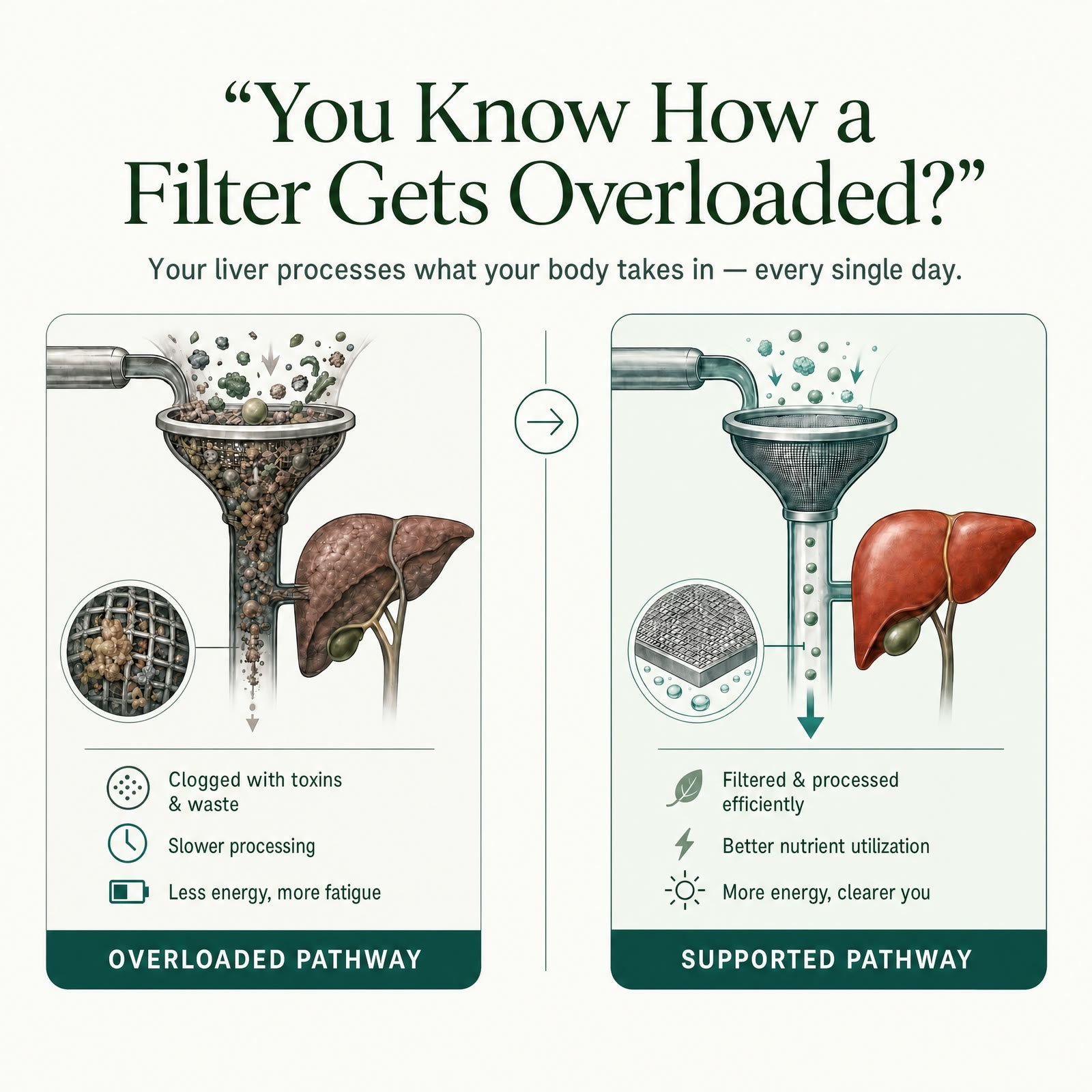 Illustration comparing an overloaded liver pathway with a supported pathway