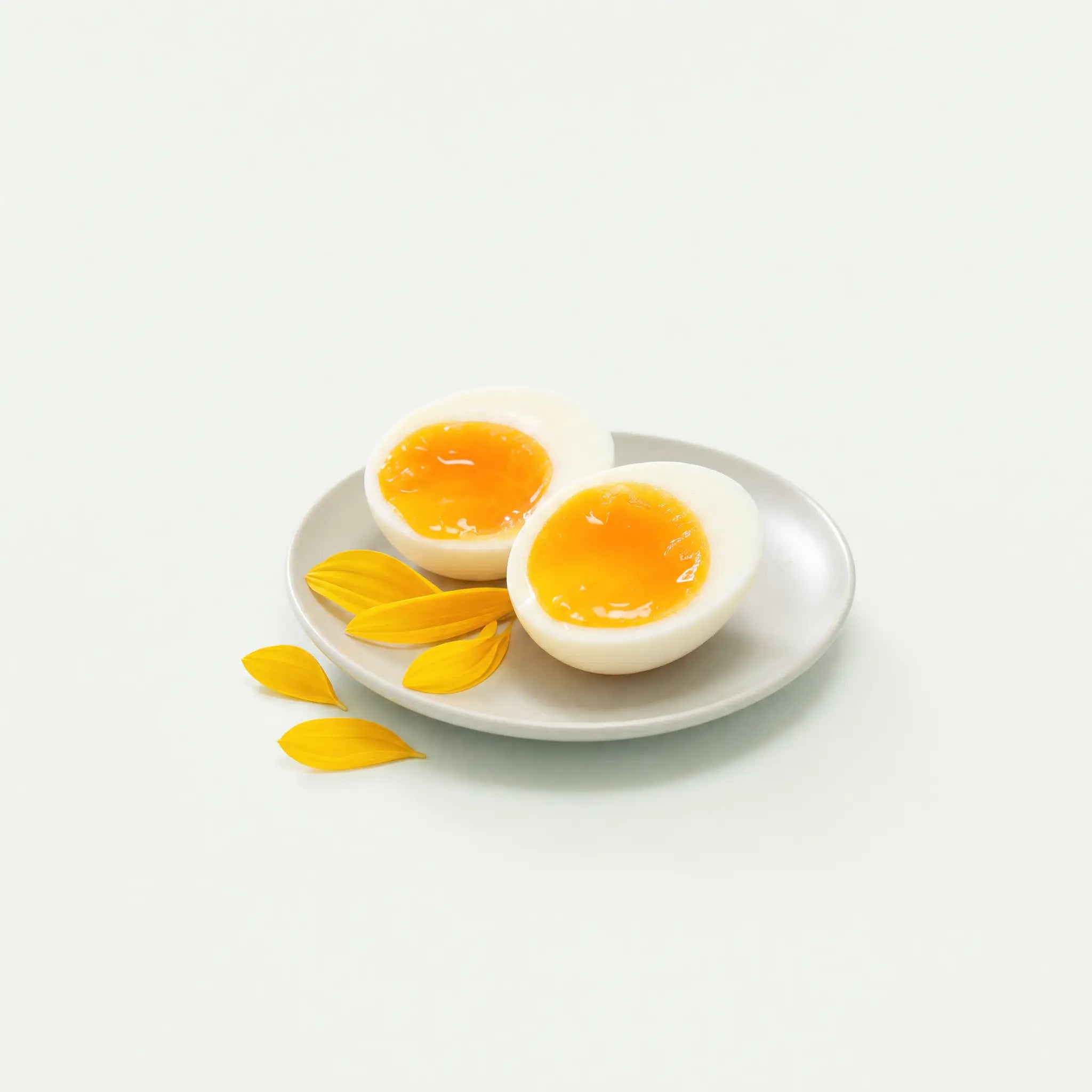 Soft-boiled egg halves with golden yolks beside sunflower petals