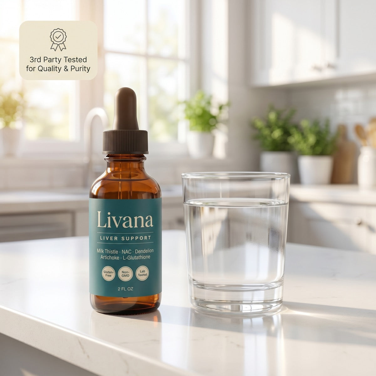 Livana Complete Liver Support in a bright kitchen setting