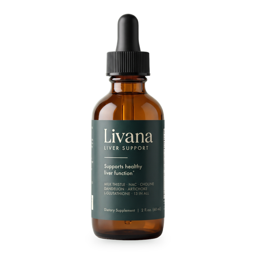 Livana Complete Liver Support amber dropper bottle with a green label
