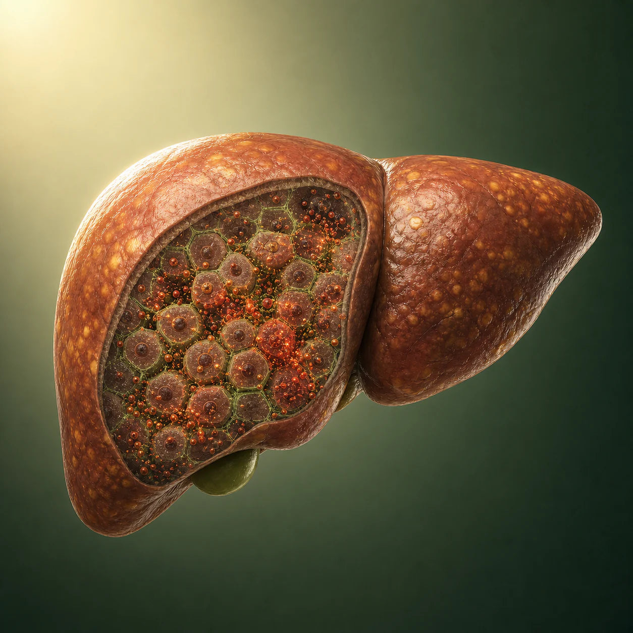 Cutaway medical visualization of liver cells under oxidative stress