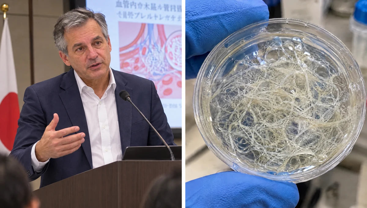 Generated editorial illustration of a physician speaking at a medical summit in Japan, beside an illustrative fibrin sample.