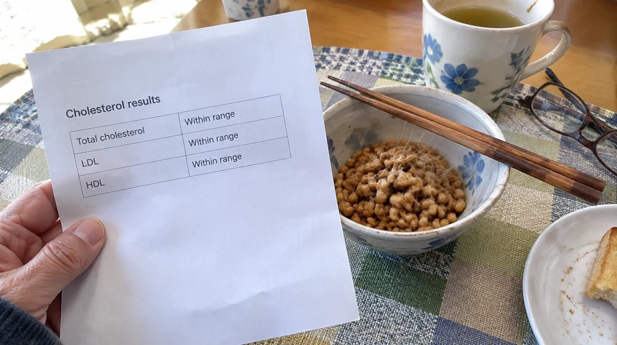 A cholesterol report beside a natto breakfast—illustrating the difference between lab numbers and daily habits.