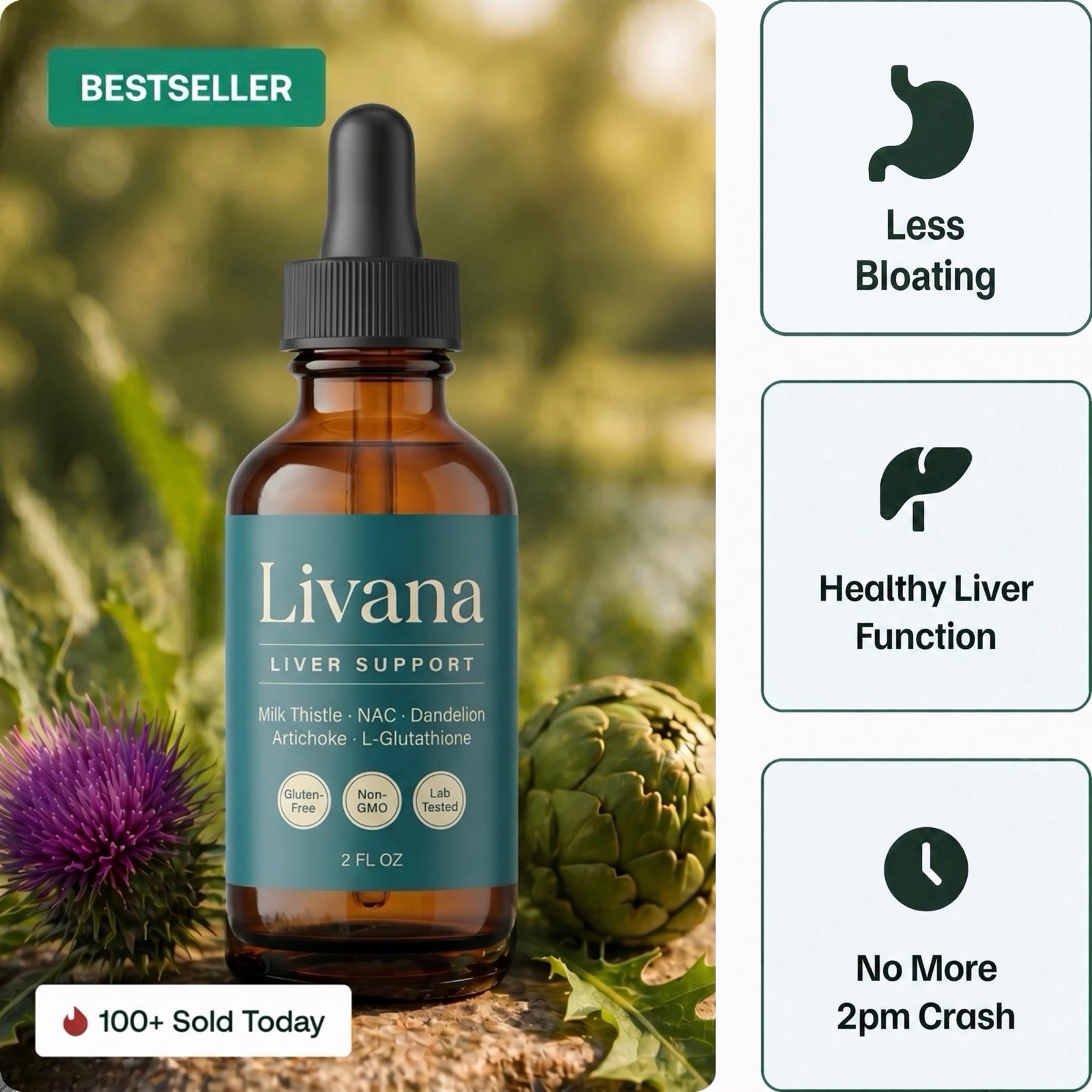 Livana Complete Liver Support benefits: less bloating, healthy liver function, and no more 2pm crash