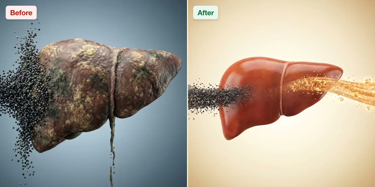 Side by side comparison of a strained liver struggling to filter and a healthy liver filtering cleanly